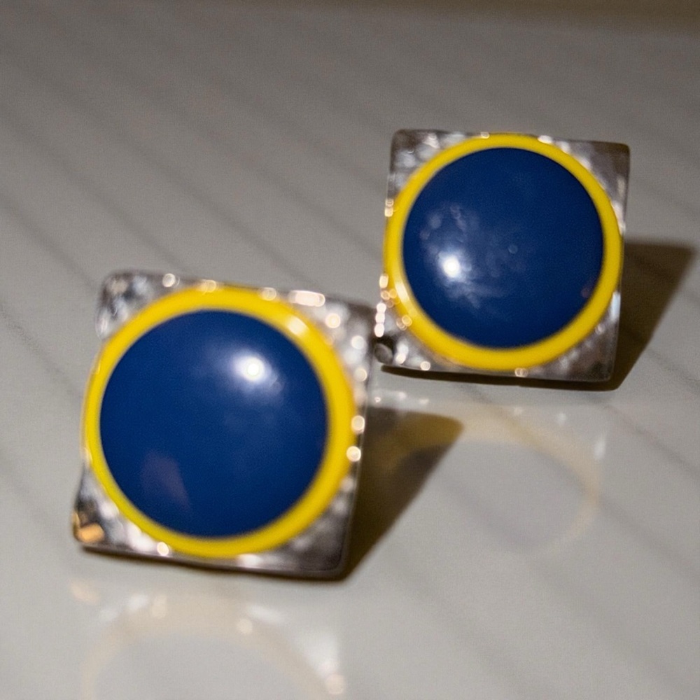 Vintage Blue & Yellow Enamel Square Clip-On Earrings
